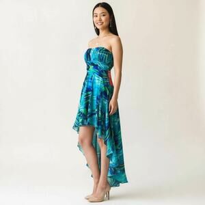 Steppin' Out Strapless Formal Satin Dress Watercolor Design Clubwear Prom Date